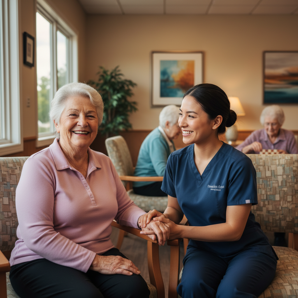 Senior adult woman smiling with caregiver at adult day care facility