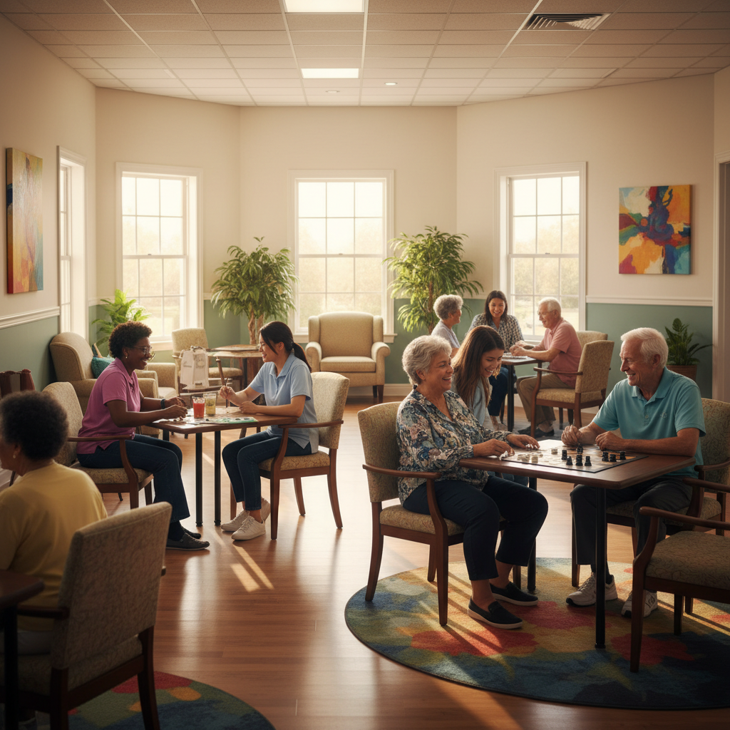 Senior adults enjoying activities at adult day care center